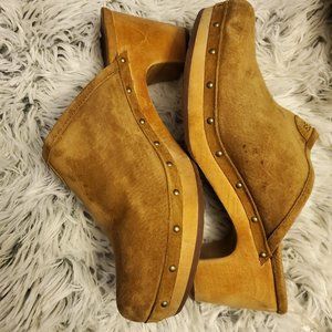 UGG Clogs Tan Suede Mules Sheepskin Lined Wood Block Heels